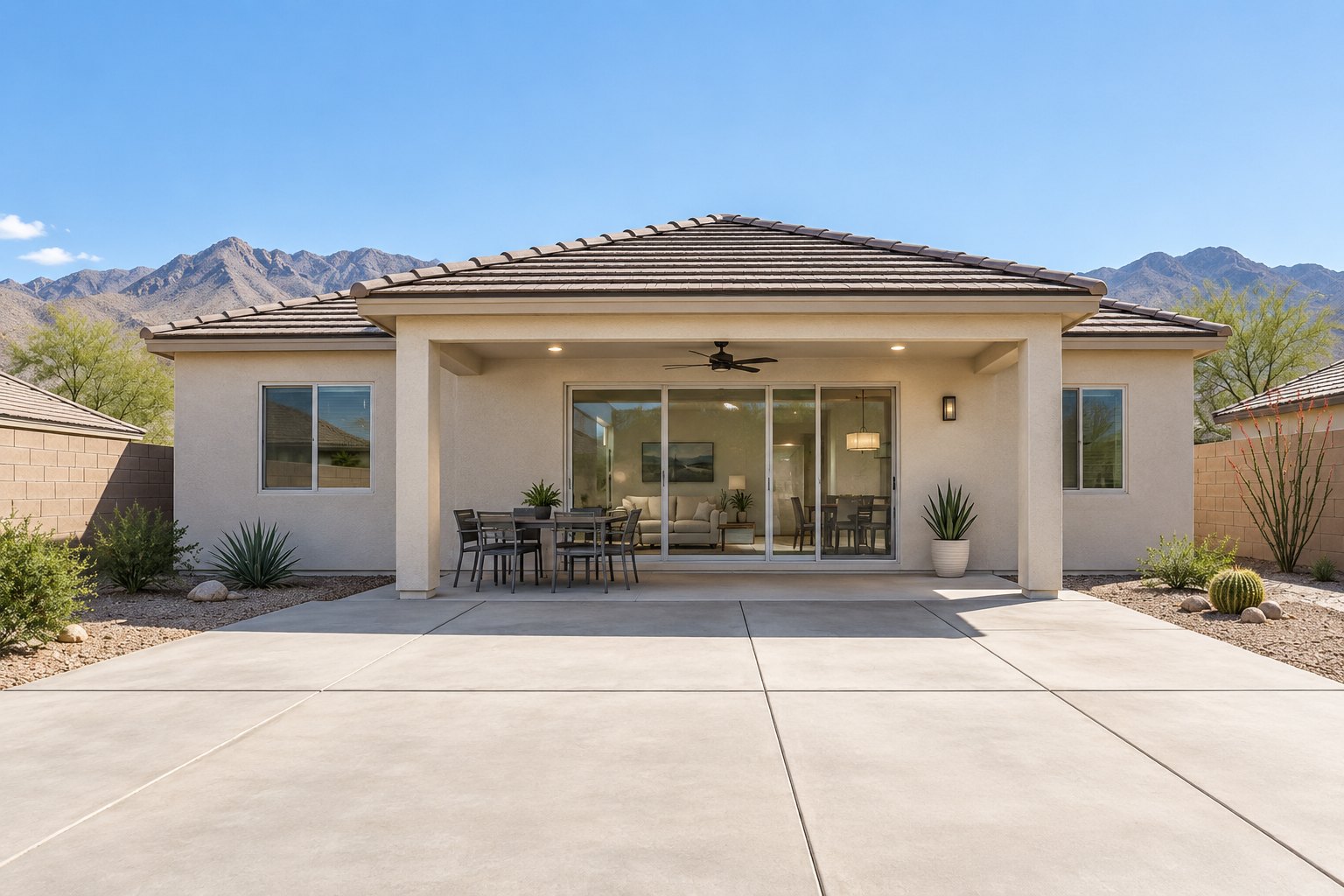 Completed Nevada desert home with a sliding glass patio door