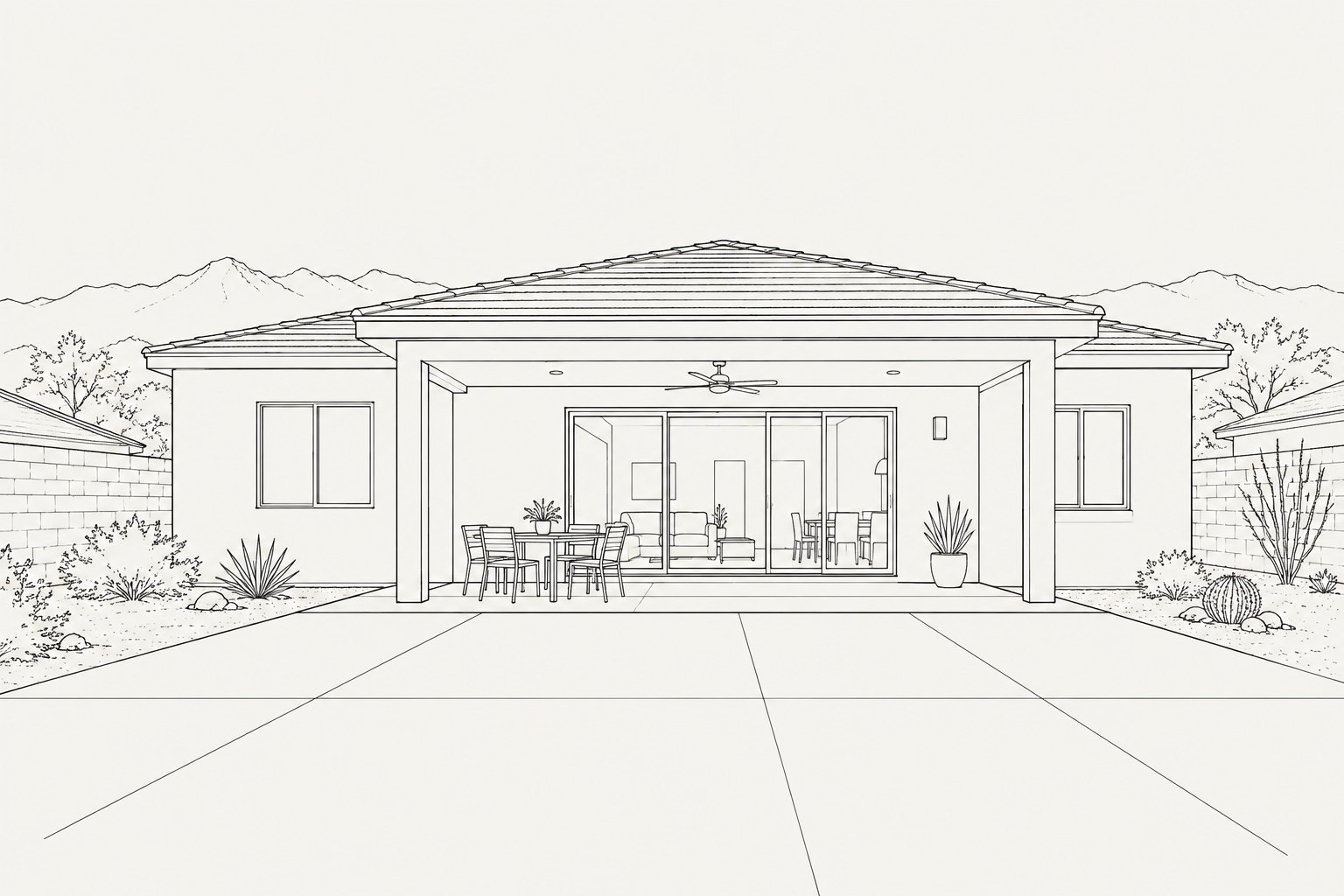Architectural sketch of a Nevada desert home with a sliding glass patio door